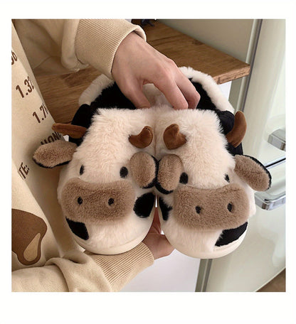 Cozy Cartoon Cow Slippers - Plush Lined Slip-Ons for Winter Warmth and Comfort