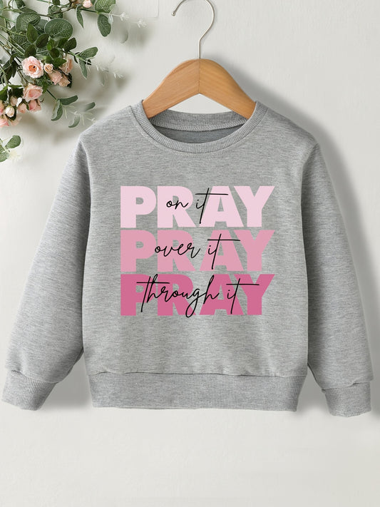Letter ''PRAY'' Pattern Round Neck Sweatshirt For Girls, Daily Casual Party Long Sleeve Top Pullovers For Children Kids