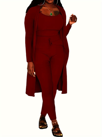 Casual Ribbed 3pcs Set, Crop Tank Top + High Waist Drawstring Pants + Longline Cardigan Outfits, Women's Clothing