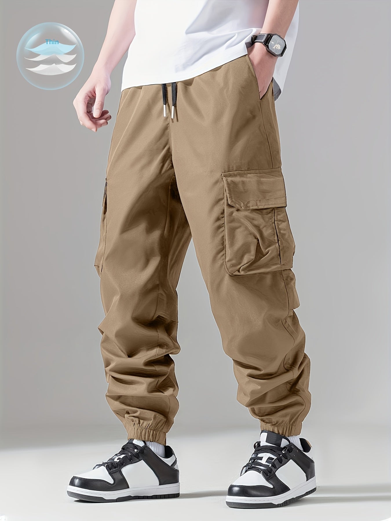 Mens Comfortable Loose Fit Cargo Joggers - Stylish Multi-pocket Drawstring Pants with Adjustable Waist - Perfect for Spring, Fall Outdoor Adventures