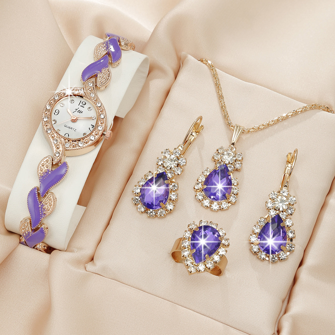Elegant Rhinestone Quartz Women's Watch & Chic 4pc Jewelry Set - Shock-Resistant, Japanese Movement, Perfect Gift