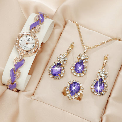 Elegant Rhinestone Quartz Women's Watch & Chic 4pc Jewelry Set - Shock-Resistant, Japanese Movement, Perfect Gift
