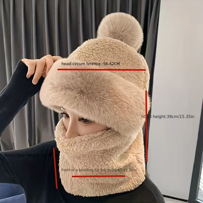 Thermal Warmth Beanie Hat - Soft Pom, Thickened Plush Neck Gaiter, Windproof Hooded Ear Protection, Ski Mask, Cycling Balaclava for Women, Outdoor Winter Sports, Cold Weather Accessories