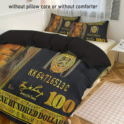 3-Piece Golden 100 Dollar Bill Print Duvet Cover Set - Soft, Comfortable, and Vibrant Bedding for Bedroom and Guest Room - Includes 1 Duvet Cover and 2 Pillowcases without Core