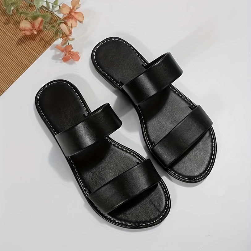 Women's Double Strap Slide Sandals - Casual Slip On Flat Summer Shoes, Lightweight - For Women - Perfect for Beach, Pool, and Casual Wear - Ideal Gift for Summer