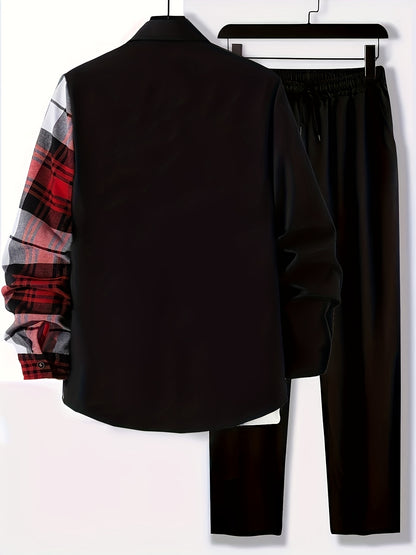 Plus Size Men's Plaid Shirt & Pants Set For Spring/autumn, Oversized Loose Fit 2Pcs Outfits For Workout/outdoor, Men's Clothing