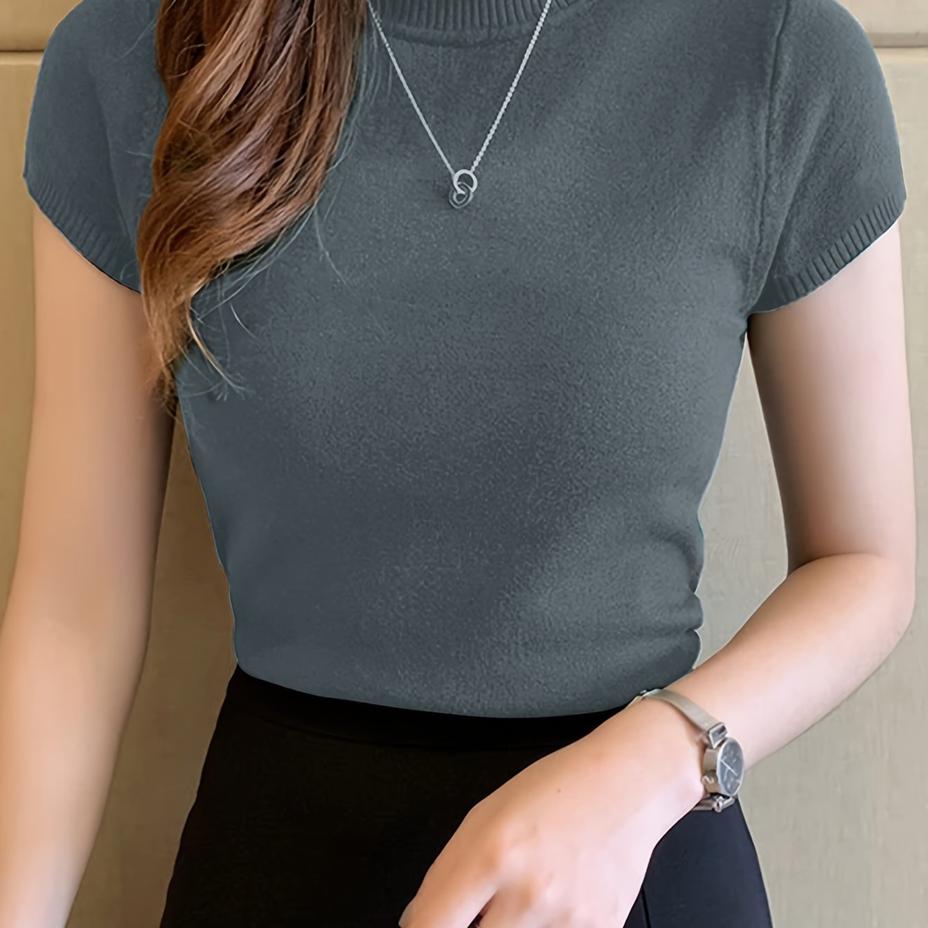 Womens Chic Solid Mock Neck Short Sleeve Knit Sweater - Soft & Breathable - Casual Everyday Style