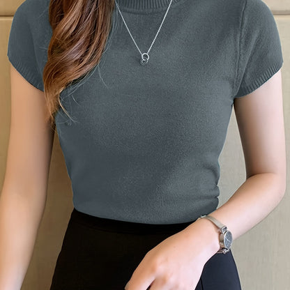 Womens Chic Solid Mock Neck Short Sleeve Knit Sweater - Soft & Breathable - Casual Everyday Style