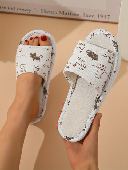 Adorable Cartoon Cat Print Flat Slippers - Slip-On Open-Toe Non-Slip Lightweight Casual Slides Shoes for Home Comfort - Comfy, Breathable, and Soft Cartoon Character Design