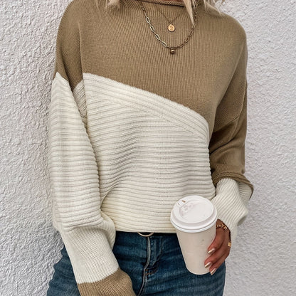 Color Block Loose Pullover Sweater, Elegant Long Sleeve Drop Shoulder Sweater, Women's Clothing