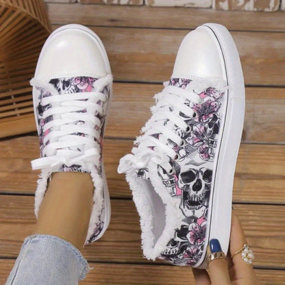 Women's Skull & Flower Pattern Canvas Shoes, Casual Lace Up Outdoor Shoes, Lightweight Low Top Sneakers
