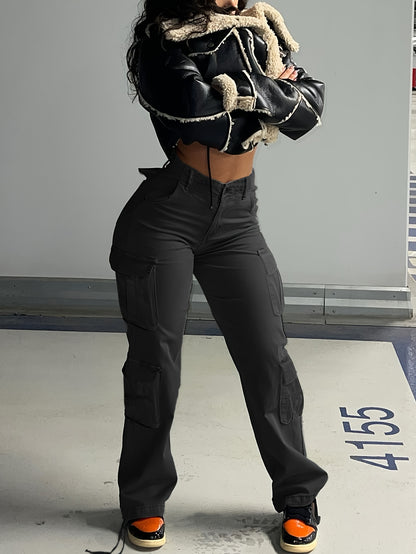 Black Flap Pockets Straight Jeans, Loose Fit Non-Stretch High Waist Cargo Pants, Y2K & Kpop Style, Women's Denim Jeans & Clothing