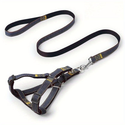 [Small to Large Adjustable Harness] Denim Dog Harness and Leash Set - Adjustable, Comfort Fit for Small to Large Breeds - Durable Polyester Material, Pulling Rope, Teddy