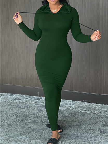 Cozy Winter Hooded Lounge Dress - Casual Wrap Style with High Elasticity, Easy Care, Long Sleeve Knit for Women