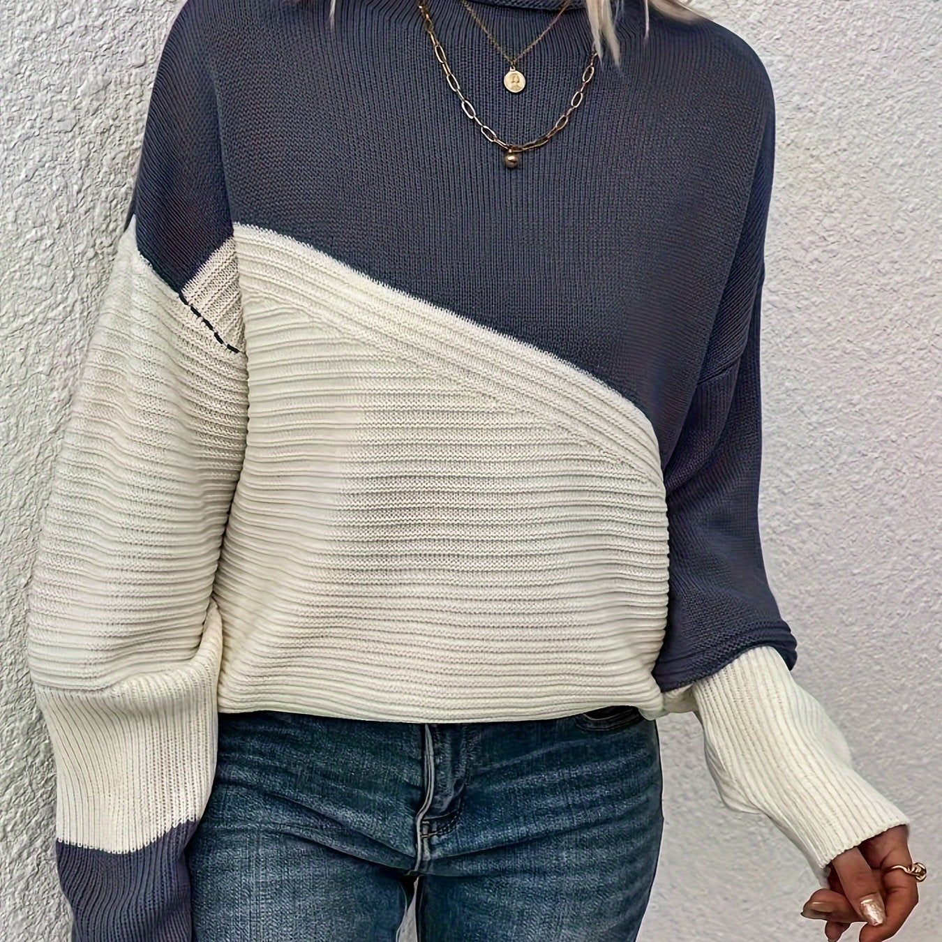Color Block Loose Pullover Sweater, Elegant Long Sleeve Drop Shoulder Sweater, Women's Clothing