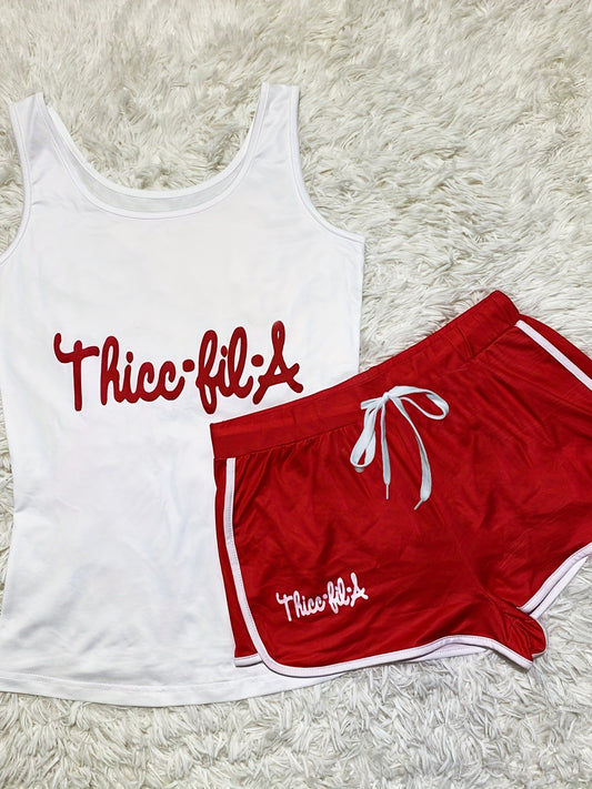 Letter Print Sporty Two-piece Set, Casual Sleeveless Tank Top & Drawstring Shorts Outfits, Women's Clothing