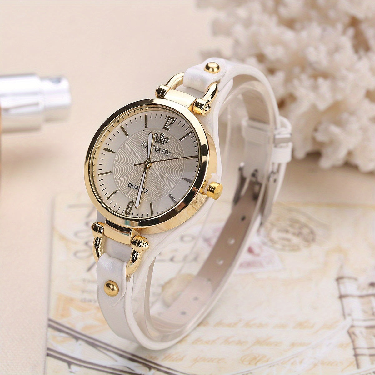 Elegant Quartz Ladies Watch - Boho Chic Leather Strap, Japanese Movement, Shock-Resistant with Stud Embellishments