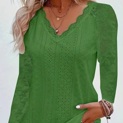 Chic Contrast Lace V-neck Eyelet T-Shirt - Fashionable Long Sleeves for Spring & Fall - A Stylish Womens Wardrobe Essential