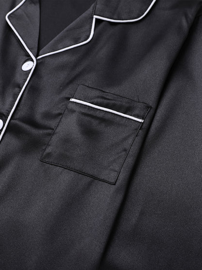 Solid Pajama Set, Long Sleeve Button Up Lapel Top & Pants Pj Set, Women's Sleepwear & Loungewear