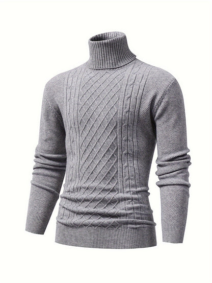 Turtle Neck Knitted Cable Sweater, Men's Casual Warm Solid High Stretch Pullover Sweater For Fall Winter
