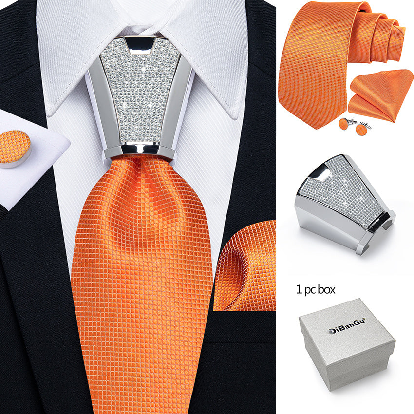 [For Business Silvery Necktie Set] Men's Necktie Silvery Ring & Handkerchief & Cufflinks Set For Business Accessories With Gift Box