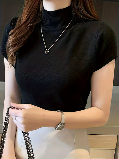 Womens Chic Solid Mock Neck Short Sleeve Knit Sweater - Soft & Breathable - Casual Everyday Style