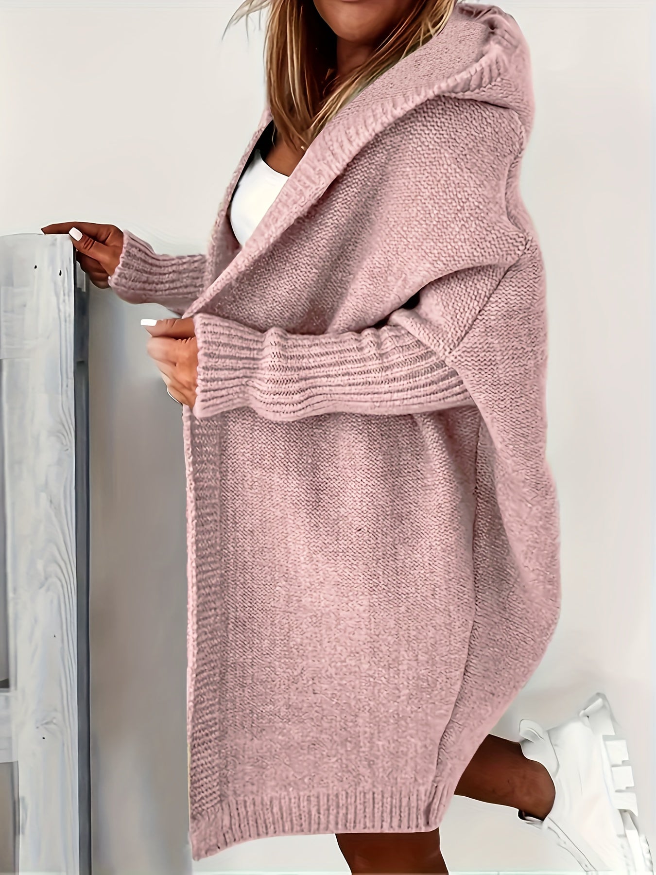 Plus Size Casual Cardigan, Women's Plus Solid Stitching Long Sleeve Hooded Open Front Slight Stretch Sweater Cardigan