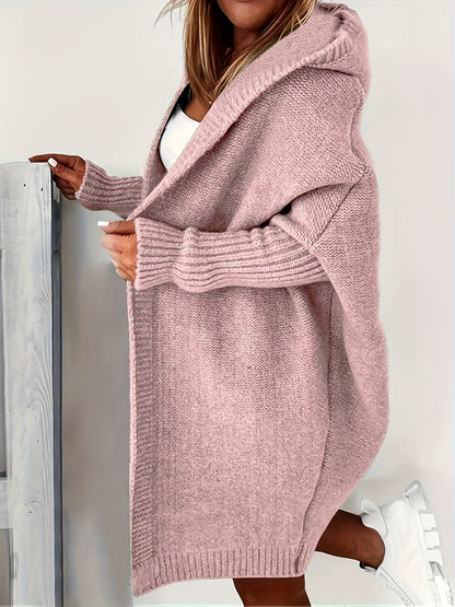 Plus Size Casual Cardigan, Women's Plus Solid Stitching Long Sleeve Hooded Open Front Slight Stretch Sweater Cardigan