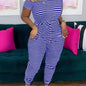 Striped Off Shoulder Drawstring Jumpsuit, Casual Short Sleeve Slim Jumpsuit For Spring & Summer, Women's Clothing