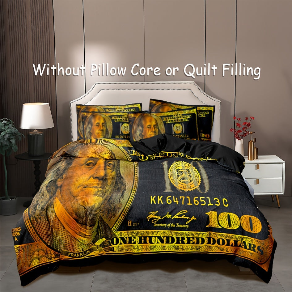 3-Piece Golden 100 Dollar Bill Print Duvet Cover Set - Soft, Comfortable, and Vibrant Bedding for Bedroom and Guest Room - Includes 1 Duvet Cover and 2 Pillowcases without Core