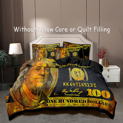 3-Piece Golden 100 Dollar Bill Print Duvet Cover Set - Soft, Comfortable, and Vibrant Bedding for Bedroom and Guest Room - Includes 1 Duvet Cover and 2 Pillowcases without Core