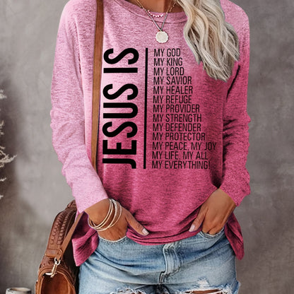 Jesus Print Crew Neck T-shirt, Casual Long Sleeve Top For Spring & Fall, Women's Clothing