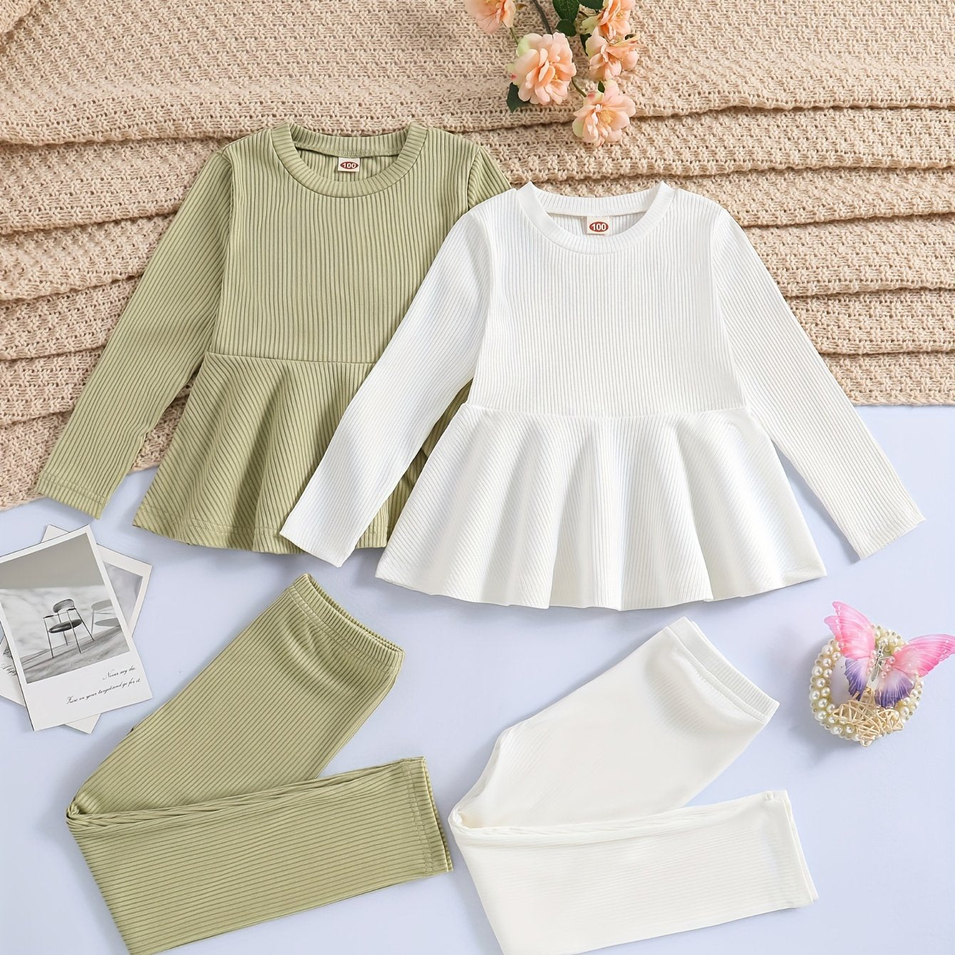 2 Sets Girl's Ribbed Outfit, Peplum Top & Pants Set, Casual Toddler Kid's Clothes For Spring Fall