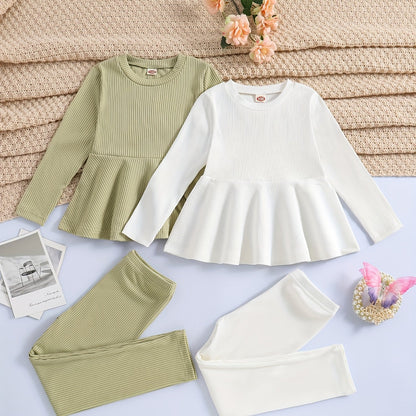 2 Sets Girl's Ribbed Outfit, Peplum Top & Pants Set, Casual Toddler Kid's Clothes For Spring Fall