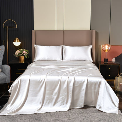 4-Piece Luxurious Satin Bedding Set - Silky Smooth, Breathable Comfort for All Seasons - Ideal for Home and Hotel - Includes Flat Sheet, Elasticized Fitted Sheet, and 2 Pillowcases