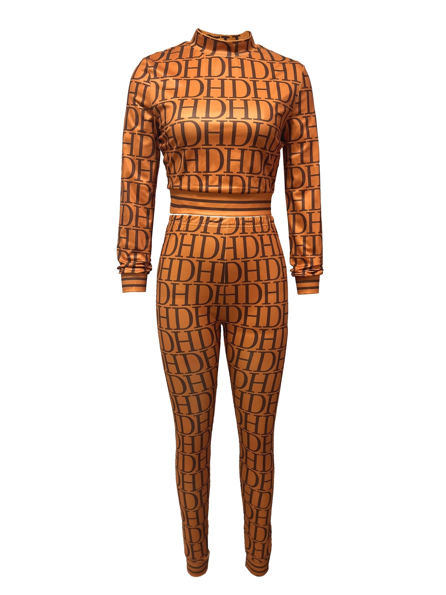 Women's Letter Print Slim Two-piece Set - Mock Neck Long Sleeve Tops & Long Length Pants Outfits - For Casual & Chic Style - Perfect Gift for Fashionable Women