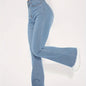 High-Rise Blue Raw Hem Flare Jeans - Slim Fit Bell Bottoms for Women - High-Stretch Denim Clothing with Trendy Style