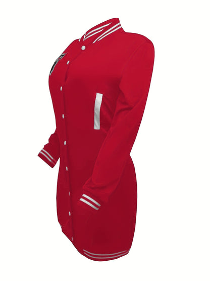 Womens Chic Letter Pattern Mini Dress - Versatile Button Front, Long Sleeve Slim Fit - Stylish Everyday Clothing
