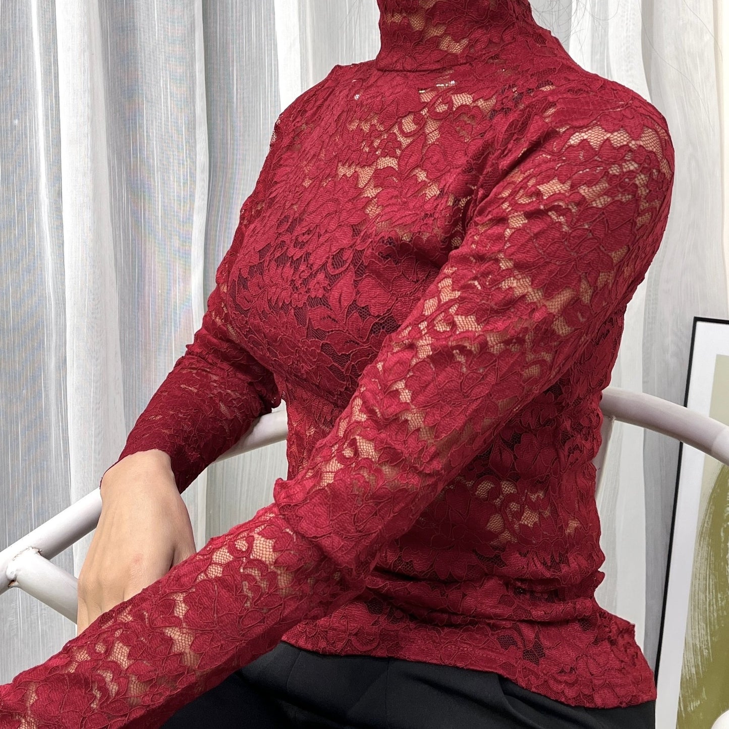Sexy Lace Mock Neck Long Sleeve Slim Fit Top - Flattering, Breathable, and Comfortable for Spring and Fall - Women's Stylish Clothing for Everyday Wear