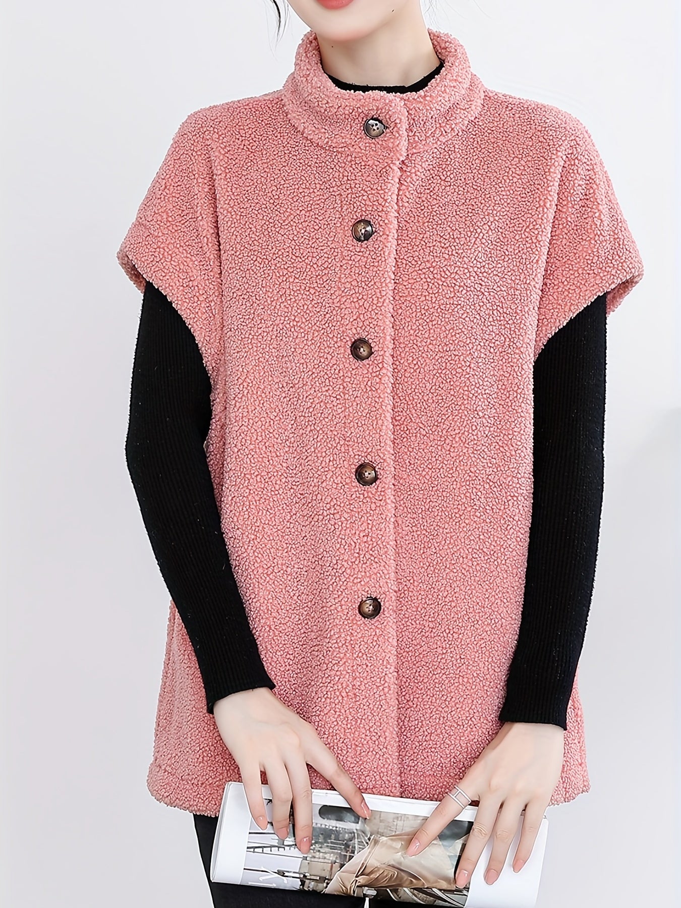 Womens Chic Button Front Teddy Vest - Lightweight Fleece, Short Sleeve, Solid Colors - Perfect for Layering, Stylish & Versatile Wardrobe Staple