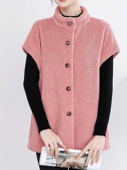 Womens Chic Button Front Teddy Vest - Lightweight Fleece, Short Sleeve, Solid Colors - Perfect for Layering, Stylish & Versatile Wardrobe Staple