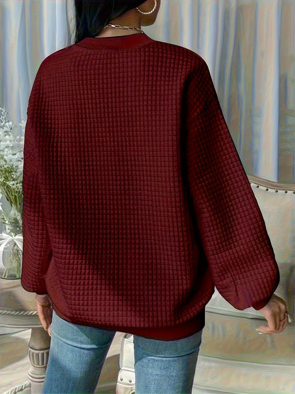 Waffle Loose Sweatshirt, Casual Long Sleeve Crew Neck Sweatshirt, Women's Clothing