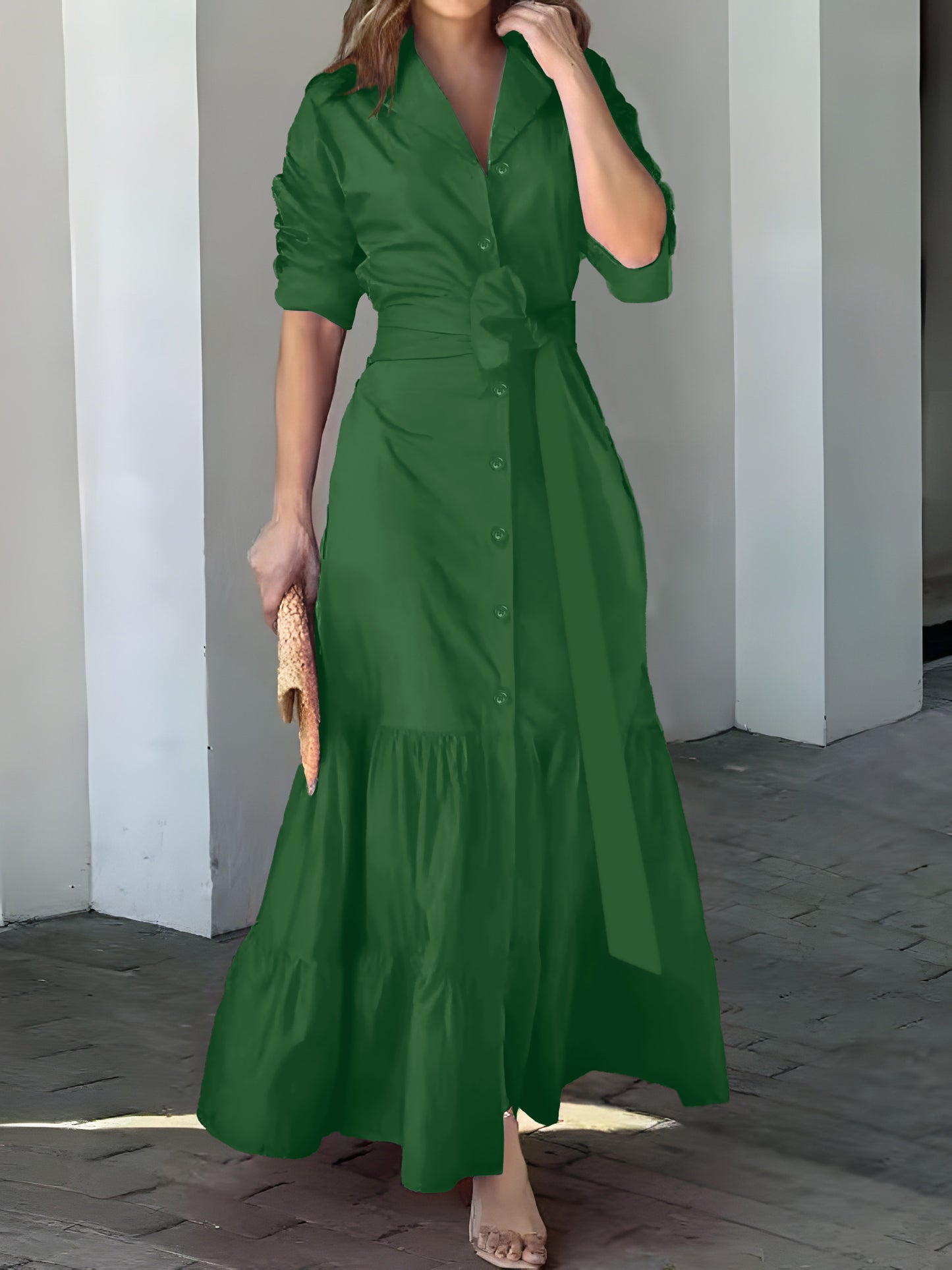 Stunning Ruffled Maxi Dress - Solid Button Front, Belted Waist, Elegant Ruched Sleeve, Flowy Design, Women's Clothing for Special Occasions