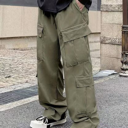 Men's Loose Casual Outdoor Cargo Pants - Multi Flap Pocket Trousers - Trendy Solid Work Pants for Streetwear Hip Hop Style
