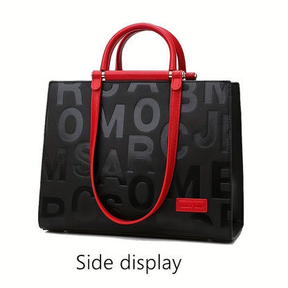 Classic Letter Embossed Tote Bag, Colorblock Shoulder Bag, All-Match Satchel Bag For Work