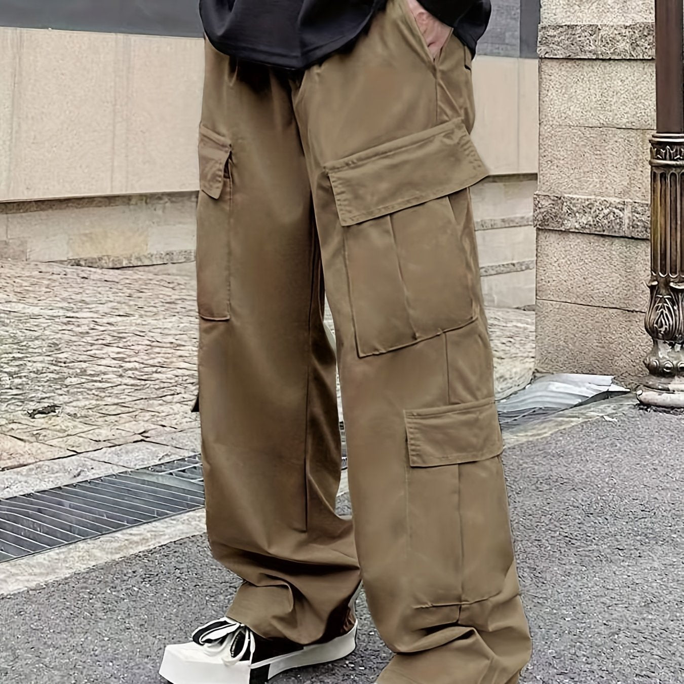 Men's Loose Casual Outdoor Cargo Pants - Multi Flap Pocket Trousers - Trendy Solid Work Pants for Streetwear Hip Hop Style