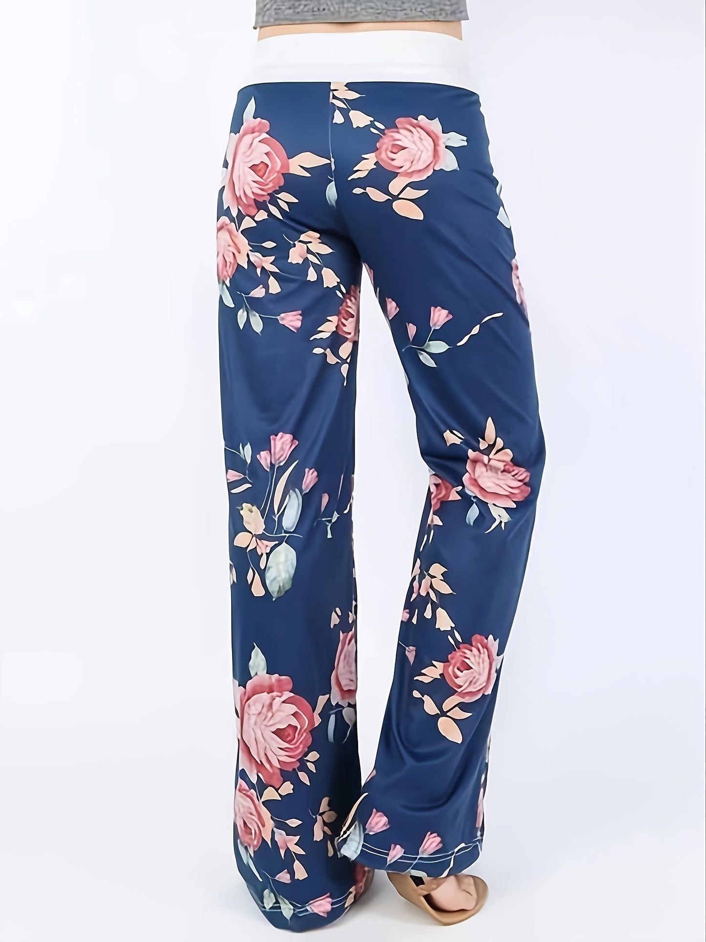 Plus Size Floral Print High Rise Drawstring Long Pants, Women's Plus Slight Stretch Loose Casual Pants