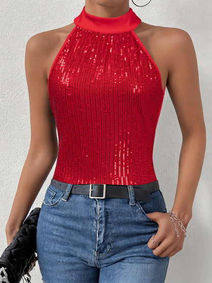Sequined Tie Back Halter Top, Elegant Sleeveless Top For Summer, Women's Clothing