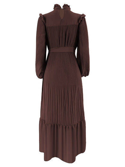 Ramadan Elegant Long Length Kaftan Dress - Polyester Solid Color Belted Maxi Dress with Ruffle Trim, Machine Washable, Casual Wear for All Seasons