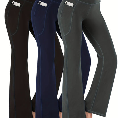 High-Waist Stretch Yoga Leggings with Pockets - Durable, Flare-Wide Leg, Non-Sheer Sports Pants for All Seasons